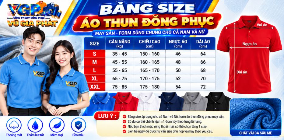 Bảng Size áo thun đồng phục may sẵn form chung nam nữ