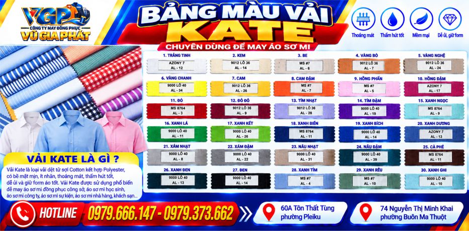 Bảng màu vải Kate chuyên dùng để may áo sơ mi