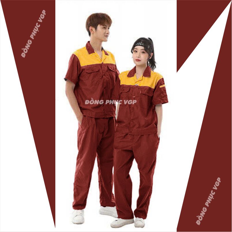 Mẫu đồng phục công nhân màu Đỏ Đô phối cam